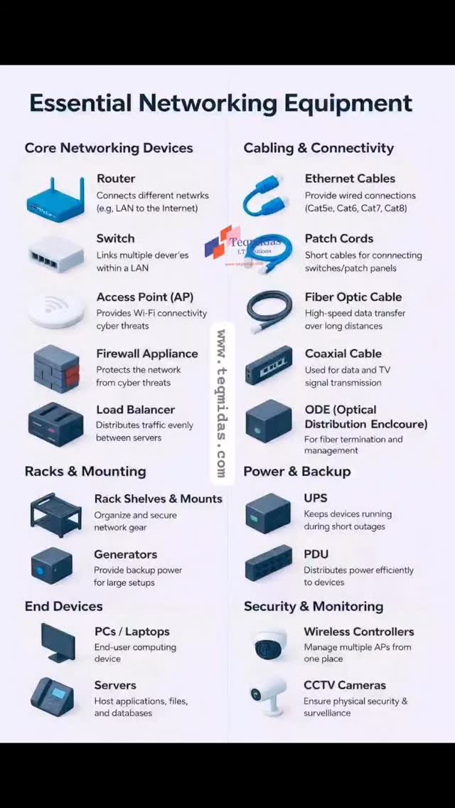 🔌🌐 The Backbone of Every Reliable Network

From routers and switches to fiber, firewalls, and power backup — these are the essential building blocks that keep modern organizations connected, secure, and running smoothly.

💡 Strong networks aren’t accidental — they’re engineered.

#Networking #ITInfrastructure #NetworkDesign #TechEssentials #teqmidas